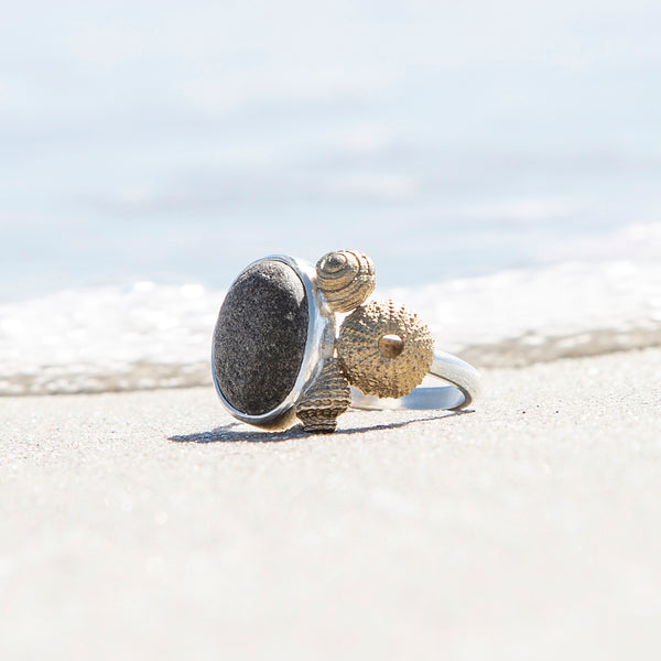 Sea shell and beach pebble ring